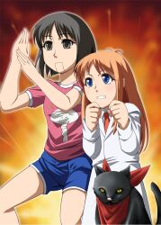  2girls bad_id bad_pixiv_id black_cat commentary_request feline hayashi_custom multiple_girls nichijou photoshop_(medium) professor_shinonome sakamoto_(nichijou) shinonome_nano 