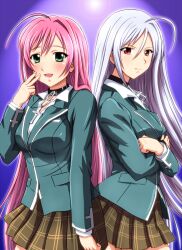  2girls ahoge akashiya_moka choker commentary_request diesel-turbo dual_persona green_eyes inner_moka long_hair multiple_girls oerba_yun_fang open_mouth pink_eyes pink_hair red_eyes rosario+vampire school_uniform skirt smile vampire white_hair 