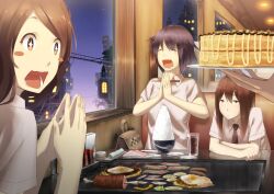  +_+ 1boy 2girls bad_id bad_pixiv_id blush_stickers boned_meat bowl brown_hair chopsticks egg egg_(food) fangs food fried_egg griddle izumi_sai meat multiple_girls necktie okonomiyaki open_mouth original own_hands_together purple_hair restaurant rice rice_bowl saliva short_hair soda steepled_fingers 