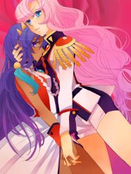  2girls aiguillette ateka bad_id bad_pixiv_id blue_eyes dark-skinned_female dark_skin dress epaulettes himemiya_anthy holding_hands interlocked_fingers long_hair multiple_girls pink_hair purple_hair school_uniform shoujo_kakumei_utena shoujo_kakumei_utena_adolescence_mokushiroku tenjou_utena yuri 