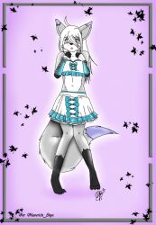  anthro armwear blush bottomwear canid canine clothed clothing crossdressing elbow_gloves embarrassed femboy fox gloves gyu_the_kuma handwear hi_res male mammal maverick_skye skirt solo tail young young_anthro young_male 