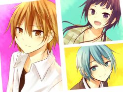  2boys amane_kurumi black_hair brown_eyes brown_hair commentary_request kanakubo_homare miyaji_ryunosuke multiple_boys purple_eyes short_hair starry_sky_(game) yahisa_tsukiko 