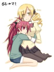  2girls blonde_hair bow commentary_request drill_hair hug kurakumo_nue long_hair mahou_shoujo_madoka_magica mahou_shoujo_madoka_magica_(anime) mitakihara_school_uniform multiple_girls pantyhose ponytail red_eyes red_hair sakura_kyoko school_uniform tomoe_mami yuri 