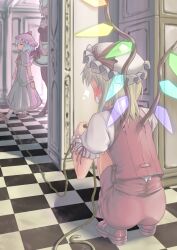  3girls blonde_hair blue_hair checkered_floor commentary_request dress flandre_scarlet from_behind hat height_difference indoors izayoi_sakuya multiple_girls prank raybar remilia_scarlet rope smile squatting touhou walking wings 