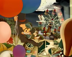  2boys amusement_park ballon balloon bird brown_hair ferris_wheel flying hat hershel_layton holding level-5 lolicon luke_triton multiple_boys okada555 professor_layton spread_legs top_hat 