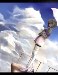  ar_tonelico ar_tonelico_iii bike_shorts blonde_hair braid cloud commentary_request female letterboxed partial_commentary purple_eyes saki_(ar_tonelico) short_hair sky solo standing thighhighs toyota_(artist) umbrella white_thighhighs 