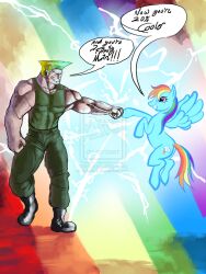  2011 better_version_at_source capcom crossover cutie_mark distracting_watermark duo english_text equid equine female feral fist_bump friendship_is_magic gesture guile hasbro hi_res horse human male mammal my_little_pony mythological_creature mythological_equine mythology pegasus pony rainbow_dash_(mlp) street_fighter text tofutiles watermark wings 