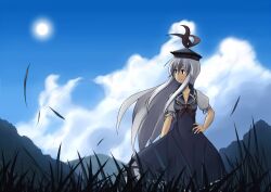  aroha_j ascot bad_id bad_pixiv_id blue_hair cloud day dress female grass grey_hair hand_on_own_hip hat kamishirasawa_keine leaf long_hair mountain multicolored_hair outdoors sky smile solo sun touhou two-tone_hair wavy_hair wind 