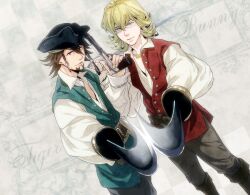  2boys bad_id bad_pixiv_id barnaby_brooks_jr. blonde_hair boots brown_eyes brown_hair cosplay cutlass facial_hair glasses goatee green_eyes gun handgun hat hirata_hiroaki jack_sparrow jack_sparrow_(cosplay) jewelry kaburagi_t._kotetsu male_focus multiple_boys nawomi necklace parody pirate_hat pirates_of_the_caribbean tiger_&amp;_bunny vest voice_actor_connection weapon 