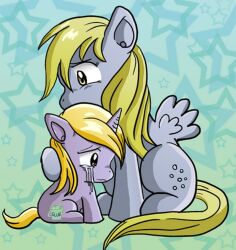  blonde_hair bodily_fluids cutie_mark derpy_hooves dinky_hooves_(mlp) duo equid equine fate feathered_wings feathers female feral friendship_is_magic glue grey_body grey_feathers hair hasbro horn long_hair mammal my_little_pony mythological_creature mythological_equine mythology pegasus sad short_hair tail tears unicorn unknown_artist wings young young_feral 