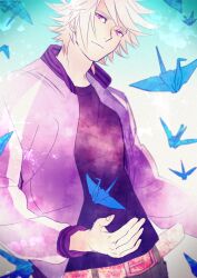  1boy akkc bad_id bad_pixiv_id belt blonde_hair ivan_karelin jacket letterman_jacket male_focus origami paper_crane purple_eyes purple_jacket solo tiger_&amp;_bunny 