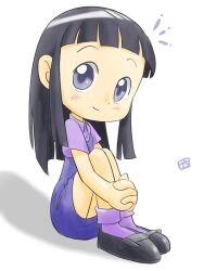  bangs black_hair blue_eyes dress female full_body highres koizumi_marina lolicon ojamajo_doremi sitting solo white_background 