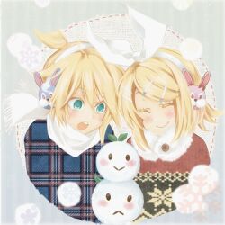  1boy :o aqua_eyes blonde_hair bow boy boy_and_girl bunny closed closed_eyes daruma daruma_(artist) earmuffs eyes female female girl hair_ornament hairbow hairclip kagamine_len kagamine_rin kimippa_(mkp1003) leaf male ponytail scarf short_hair smile snowflake snowflakes snowman vocaloid 