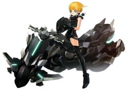  blonde_hair blue_eyes commentary female helmet motor_vehicle motorcycle original photoshop_(medium) pump_(pumpqmuq) short_hair simple_background solo 