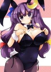  animal_ears breasts cleavage crescent crescent_hair_ornament female hair_ornament huge_breasts long_hair pantyhose patchouli_knowledge playboy_bunny purple_eyes purple_hair rabbit_ears rabbit_tail shirogane_(platinum) solo tail touhou 