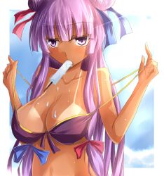  bare_shoulders bikini breasts cleavage commentary_request double_bun female food hair_bun ice_cream jitome large_breasts long_hair patchouli_knowledge photoshop_(medium) purple_eyes purple_hair ram_hachimin solo strap_pull swimsuit tan tanlines touhou upper_body 