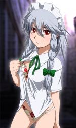  bad_id bad_pixiv_id blush bow bra braid breasts commentary_request dress_shirt female floral_print grey_hair hairbow hayashi_custom izayoi_sakuya lingerie long_hair maid_headdress medium_breasts panties photoshop_(medium) red_eyes shirt solo teasing touhou twin_braids unbuttoned underwear 