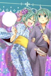  1boy alternate_hairstyle aqua_eyes aqua_hair bad_id bad_pixiv_id cotton_candy dual_persona eating female flower food genderswap_(ftm) hair_flower hair_ornament hair_ribbon hatsune_miku hatsune_mikuo japanese_clothes kimono ribbon rule_63 smile suzumi_(fallxalice) vocaloid yukata 