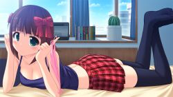  amami_haruka black_thighhighs blush breasts brown_hair cactus camisole cleavage commentary_request female green_eyes hair_ribbon holding holding_clothes holding_panties holding_underwear idolmaster idolmaster_(classic) kageira lying medium_breasts no_shoes on_bed on_stomach panties panties_around_one_finger pink_panties plaid plaid_skirt plant potted_plant ribbon short_hair side-tie_panties skirt smile solo thighhighs underwear unworn_panties window zettai_ryouiki 