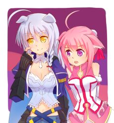  2girls ahoge animal_ears braid breasts cat_ears cleavage commentary dog_days dog_ears dog_girl grey_hair leonmitchelli_galette_des_rois medium_breasts midriff millhiore_f._biscotti monster28 multiple_girls navel pink_hair purple_eyes yellow_eyes 