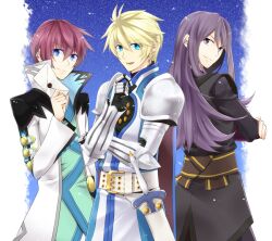  3boys armor asbel_lhant black_eyes black_hair blonde_hair blue_eyes brown_hair commentary_request flynn_scifo green_shirt in-franchise_crossover long_hair lydi_(dd) male_focus multiple_boys shirt sword tales_of_(series) tales_of_graces tales_of_vesperia weapon yuri_lowell 