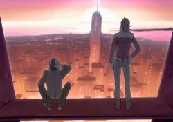  2boys akkc bad_id bad_pixiv_id barnaby_brooks_jr. belt blonde_hair brown_hair building cabbie_hat cityscape empire_state_building hat jacket kaburagi_t._kotetsu male_focus multiple_boys red_jacket tiger_&amp;_bunny vest 