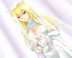  adder blonde_hair bouquet breasts cleavage cleavage_cutout clothing_cutout commentary_request dress dutch_angle elbow_gloves eyebrows female flower gloves holding large_breasts pale_color red_eyes rose smile solo touhou veil wedding wedding_dress white_background white_flower white_gloves white_rose white_theme yakumo_yukari 