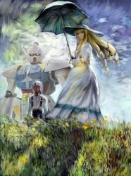  1boy aqua_eyes blonde_hair claude_monet_(style) commentary_request cosplay dark_skin dianna_soreil dress drill_hair female fine_art_parody grass grey_hair gundam hairband hat highres kihel_heim kihel_heim_(cosplay) long_hair looking_at_viewer loran_cehack mecha outdoors parasol parody robot sky three_quarter_view turn_a_gundam turn_a_gundam_(mobile_suit) umbrella vincent_van_gogh_(style) white_dress woman_with_a_parasol yusao 