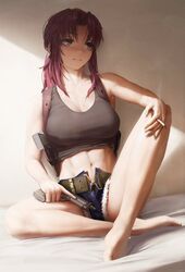  1girls abs armpits belly belly_button black_lagoon cigarette female female_only fit fully_clothed gun huge_breasts large_breasts legs numanoan pistol revy smoke smoking solo thick thighs tummy wine_colored_hair 