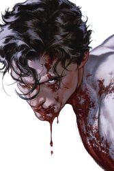  1boy black_hair blood blood_drip blood_on_clothes blood_on_face bodysuit clark_kent commentary dc_comics english_commentary eyelashes highres looking_at_viewer male_focus nosebleed osi051_(osiovi051) parted_hair parted_lips portrait sanpaku short_hair simple_background smile solo superhero_costume superman superman_(series) very_short_hair wavy_hair white_background white_bodysuit white_eyes 