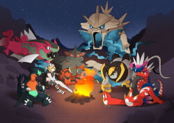  :3 alternate_color alternate_shiny_pokemon bandaged_leg bandages basculegion basculegion_(male) black_cape black_sclera black_shorts blue_eyes blue_sclera breasts campfire cape claws closed_mouth colored_sclera commentary cubone english_commentary facial_mark fangs female fire garchomp grass green_eyes highres hisuian_arcanine hood hood_down iron_boulder koraidon night no_shoes non-humanoid_robot orange_eyes original outdoors pokemon pokemon_(creature) pokemon_team red_eyes robot robot_animal rock scar scar_on_arm scar_on_leg scar_on_stomach shorts single_sock sitting skull_on_head sky smile socks star_(sky) starry_sky studiompup torn_clothes white_eyes yellow_sclera 
