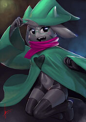  adry53 anthro breasts cloak clothed clothing crossgender dark_fur deltarune deltarune_chapter_2 ear female fur furry furry_only glasses grey_fur hat hi_res horns horns_through_headwear midriff mtf_crossgender ralsei rule_63 scarf shoes smile thighhighs thighs toby_fox undertale_(series) 