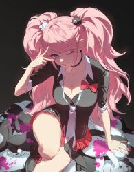  6+others absurdres bear_hair_ornament big_hair black_background black_bra black_choker black_shirt blonde_hair blood blood_splatter blood_stain blue_eyes boots bow bra breasts choker cleavage collarbone collared_shirt colored_blood commentary danganronpa:_trigger_happy_havoc danganronpa_(series) enoshima_junko female fingernails hair_ornament heart heart_print highres hope's_peak_academy_school_uniform knees lace lace-up_boots lace_choker large_breasts long_fingernails long_hair looking_at_viewer monokuma multiple_others nail_polish navel necktie one_eye_closed outie_navel pink_blood plaid_clothes plaid_skirt red_bow red_nails red_skirt school_uniform shaded_face shirt shirt_bow sitting skirt sleeves_rolled_up smile teeth thighs tsubame_airs twintails two-tone_necktie underwear v v_over_eye white_necktie 