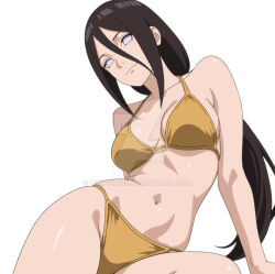  bikini black_hair breasts cleavage commentary english_commentary female hair_between_eyes highres hyuuga_hanabi kiripetals long_hair looking_at_viewer medium_breasts naruto_(series) naruto_shippuuden navel no_pupils pink_eyes simple_background sitting smile solo swimsuit very_long_hair watermark web_address white_background white_eyes yellow_bikini 