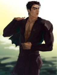  1boy big_eyebrows big_lips black_hair black_hair_male blurred_background chest chest_hair classy classy_male clothed clothing exposed_chest eyebrows jacket_over_shoulder jojo&#039;s_bizarre_adventure jotaro_kujo latino latino_male lisachoi male male_only manly muscular_neck neck pecs shirt short_hair short_hair_male signature solo solo_focus stardust_crusaders thick_eyebrows thick_neck unbuttoned unbuttoned_shirt wide_jaw wide_shoulders 