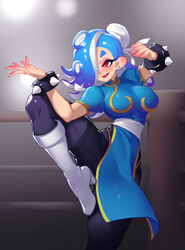  1girls blue_hair bracelet breasts capcom chun-li_(cosplay) hair_covering_eye leg_raise leg_raised legs_up little_blood nintendo open_mouth red_eyes shiver_(splatoon) solo solo_female solo_focus spiked_bracelet spiked_bracelets splatoon splatoon_(series) splatoon_3 street_fighter street_fighter_ii tentacle tentacle_hair white_boots 