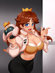  1girls ass blue_eyes breasts brown_hair cleavage clothing crossover crown female female_only jacket little_blood looking_at_viewer mario_(series) navel nintendo open_mouth pearl_(splatoon)_(cosplay) princess_daisy solo solo_female solo_focus splatoon splatoon_(series) splatoon_3 splatoon_3:_side_order standing 