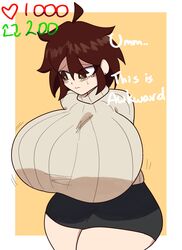  1girls alissa_(full_comfort) arms_behind_back big_breasts blush blush_lines breasts brown_eyes brown_hair embarrassed full_comfort full_comfort_(strip_game) huge_breasts looking_away looking_away_from_viewer oc original_character part_1 short_hair shy strip_game sweater tagme thick_thighs 