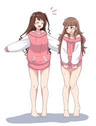  2girls barefoot blush bra_strap brown_hair closed_eyes clothes_tug commentary_request highres idolmaster idolmaster_cinderella_girls idolmaster_cinderella_girls_starlight_stage kamiya_nao long_hair multiple_girls no_pants off-shoulder_sweater off_shoulder one_side_up open_mouth pink_eyes raised_eyebrow shimamura_uzuki sleeves_past_wrists smile sweat sweater sweater_tug two-tone_sweater xion_(pulilulu) 