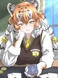  animal_ears animal_print blush bow brown_hair brown_vest card collared_shirt elbow_gloves female gloves green_eyes hairbow head_on_hand highres japari_coin japari_symbol kemono_friends long_hair looking_at_viewer mukouyama_mu multiple_girls necktie open_mouth orange_hair plaid_bow plaid_clothes plaid_necktie playing_card print_gloves shirt siberian_tiger_(kemono_friends) smile solo t-shirt tiger_ears tiger_girl tiger_print vest white_hair white_shirt yellow_bow yellow_necktie 