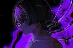  1boy bare_shoulders black_background black_hair blunt_ends cable ce5_ez closed_mouth collarbone empty_eyes eyeliner eyeshadow from_side genshin_impact highres looking_to_the_side makeup male_focus multicolored_hair profile purple_background purple_eyes purple_hair red_eyeliner red_eyeshadow scaramouche_(genshin_impact) signature solo stitched_neck stitches streaked_hair topless_male 