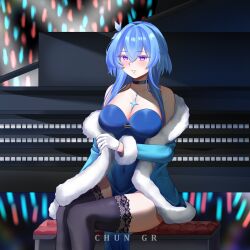  alternate_costume audience bare_shoulders black_thighhighs blue_dress blue_hair blue_jacket blush breasts chun_gr clothes_down collarbone colored_eyelashes commentary dress english_commentary female fur-trimmed_jacket fur_trim gloves glowstick grand_piano highres indoors instrument jacket large_breasts long_hair looking_at_viewer on_bench parted_lips pelvic_curtain piano piano_bench purple_eyes shorekeeper_(wuthering_waves) sitting solo strapless strapless_dress thighhighs thighs white_gloves wuthering_waves 