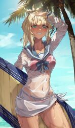  absurdres adjusting_hair bikini bikini_under_clothes blonde_hair blue_sailor_collar blue_sky blush cloud covered_navel fate/grand_order fate_(series) feibai female green_eyes grin highres holding holding_surfboard long_hair long_sleeves looking_at_viewer mordred_(fate) mordred_(swimsuit_rider)_(fate) mordred_(swimsuit_rider)_(second_ascension)_(fate) official_alternate_costume outdoors palm_tree ponytail prydwen_(fate) red_bikini sailor_collar shirt sky smile solo surfboard swimsuit tan teeth tree wet wet_clothes wet_shirt white_shirt 