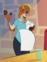  3:4 anthro belly big_belly bovid brown_body brown_fur caprine clothed clothed_anthro clothed_female clothing convexpert female fingers fur goat goat_(movie) hair hi_res hooved_fingers hooves horn louise_harris mammal orange_hair pregnant pregnant_anthro pregnant_female solo waiter 