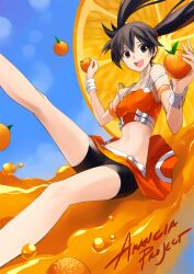  :d arancia bike_shorts bike_shorts_under_skirt black_eyes black_hair black_shorts commentary female food fruit holding holding_food holding_fruit juice kriss_sison long_hair midriff miniskirt navel open_mouth orange_(fruit) orange_skirt orange_theme original shorts skirt smile solo twintails 