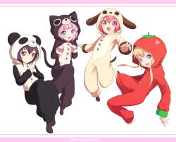  4girls :d akaza_akari animal_costume black_hair blonde_hair blue_eyes blush brown_eyes cat_costume commentary_request dog_costume funami_yui k-suwabe multiple_girls open_mouth pajamas panda_costume paw_pose pink_hair purple_eyes red_hair smile tomato_costume toshinou_kyouko yoshikawa_chinatsu yuru_yuri 