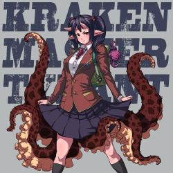  animal backpack bad_id bad_pixiv_id bag black_socks blazer blue_skirt closed_mouth clothes_lift collared_shirt demiano dress_shirt female frown highres horns jacket kneehighs long_sleeves looking_at_viewer monster_girl octopus original pleated_skirt pointy_ears red_eyes red_jacket school_uniform scylla shirt skirt skirt_lift socks solo spikes tentacle twintails white_shirt wing_collar 