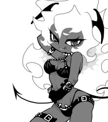  arm_belt arm_up bad_drawr_id bad_id bare_arms bare_shoulders breasts buckle chibi choker cleavage closed_mouth collar contrapposto demon_girl demon_horns demon_tail eyelashes fang_out female greyscale highleg hip_bones hip_focus horns long_hair looking_at_viewer medium_breasts midriff monochrome navel o-ring oekaki oerba_yun_fang panty_&amp;_stocking_with_garterbelt scanty_(psg) simple_background smirk solo spiked_collar spikes stomach tail thigh_strap underbite white_background zugvogel 