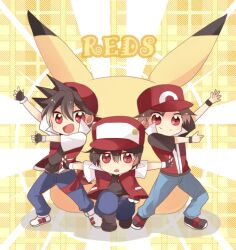  3boys alternate_costume baseball_cap black_hair brown_hair character_name chibi chocho_(homelessfox) commentary_request fingerless_gloves gloves hat multiple_boys multiple_persona photoshop_(medium) pikachu poke_ball pokemon pokemon_(creature) pokemon_adventures pokemon_frlg pokemon_rgby red_(pokemon) red_eyes standing waist_poke_ball 