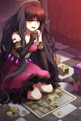  armlet artist_request bare_shoulders blush brown_hair corset crescent_puzzle dress female frills gothic_lolita jigsaw_puzzle lolita_fashion long_hair lowres markings open_mouth puzzle rubik&#039;s_cube sitting solo sword_girls yellow_eyes 